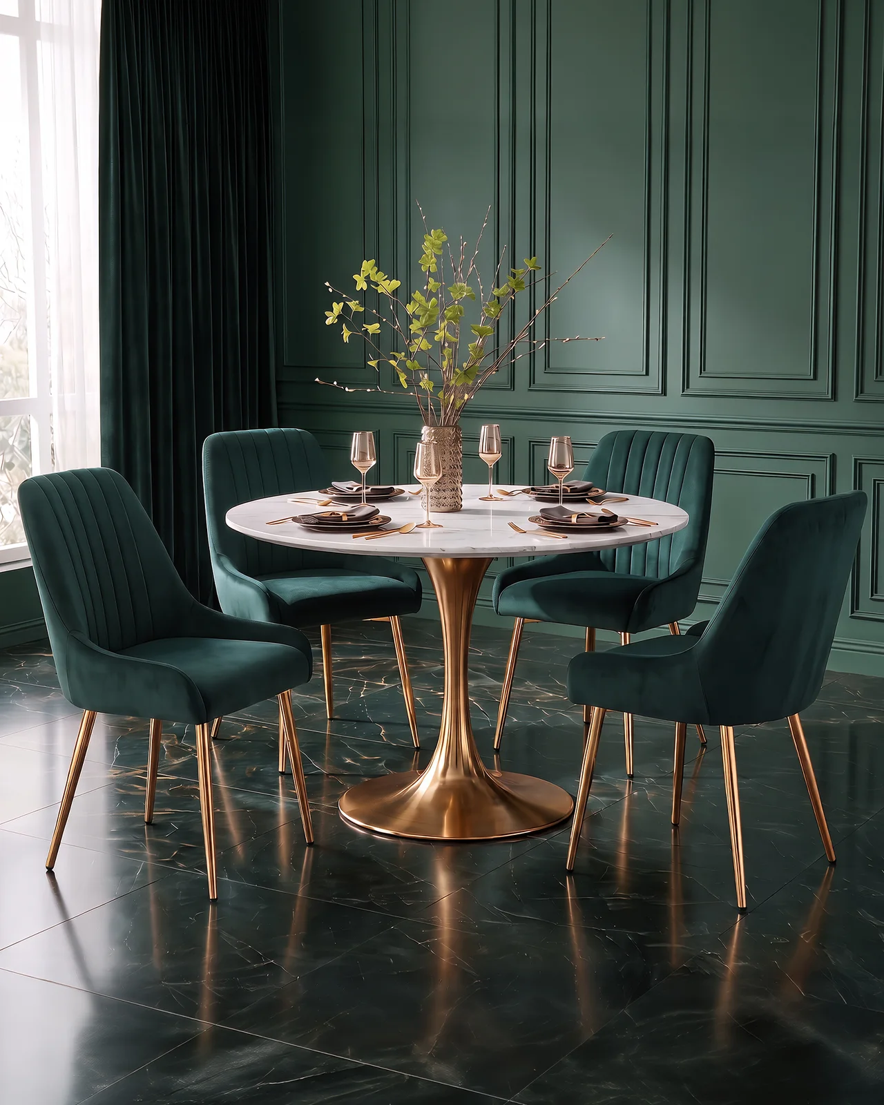 Channel-stitched velvet dining chairs styled in a modern room